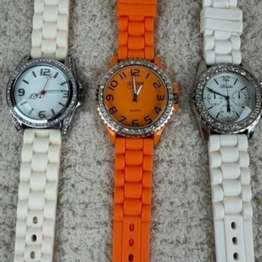 Lot of 3 Breda & Golden Classic Silicone Rhinestone Watches White Orange Cream